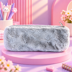 Gri Peluş Fermuarlı Kalemlik – Yumuşak Tüylü Kalem Çantası