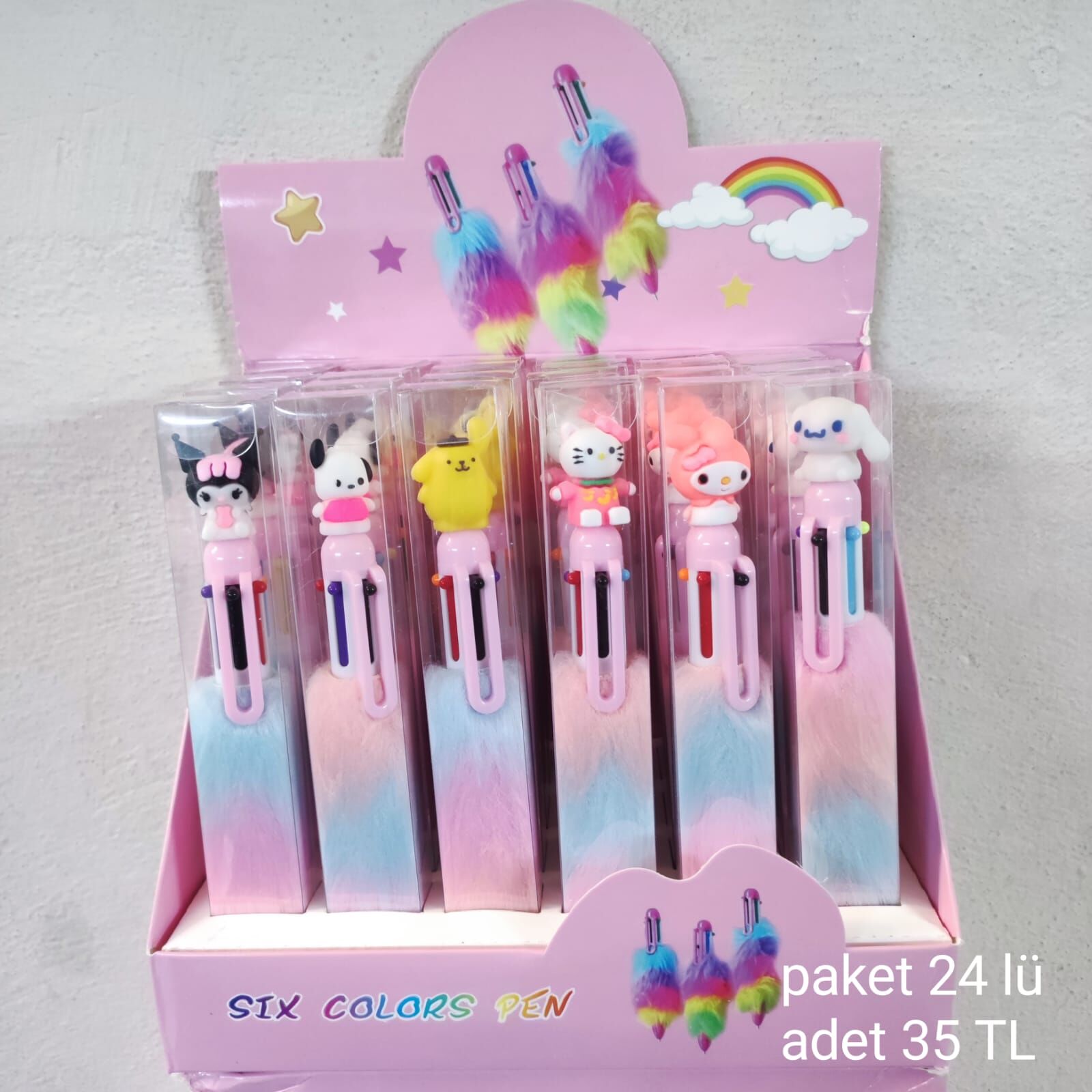 Toptan Sanrio Kuromi 6 Renkli Tüylü Kalem 24 Adet
