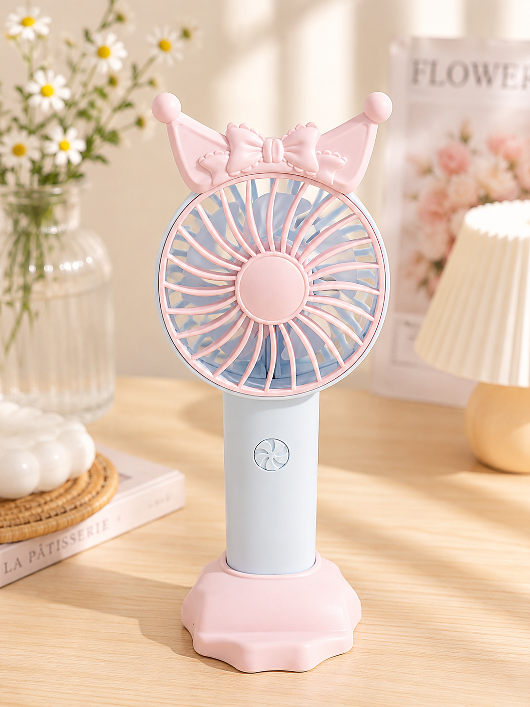 Toptan Prenses Taçlı Şarjlı Mini Vantilatör USB Taşınabilir Sessiz El ve Masaüstü Fan Pembe