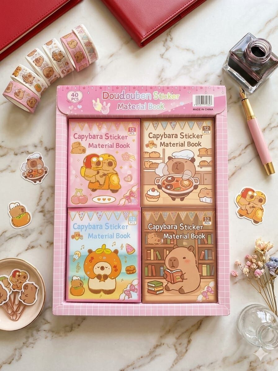 Toptan Capybara Kawaii Sticker Kitabı – 48 Sayfa Dekoratif Çıkartma Seti